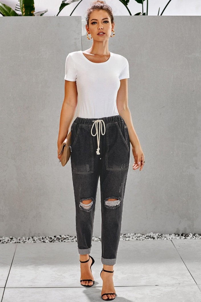 Črn denim jogger Annie z žepi