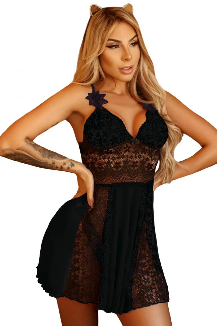 Črn eleganten negliže Aubree s čipkami