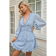 Cvetlična obleka v barvi plavega neba in z odprtim hrbtom Nedda