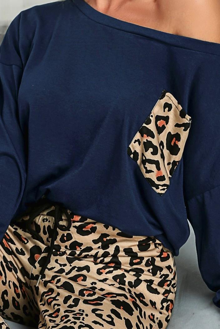 Modra ohlapna majica in hlače z leopardjim potiskom komplet Emery