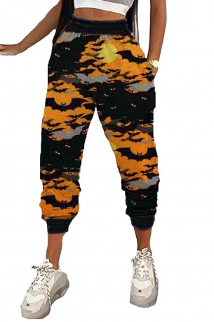 Oranžne hlače Paisley  za noč čarovnic z motivom netopirja