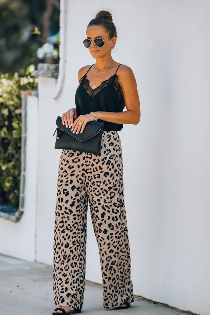 Široke hlače z visokim pasom Leopard