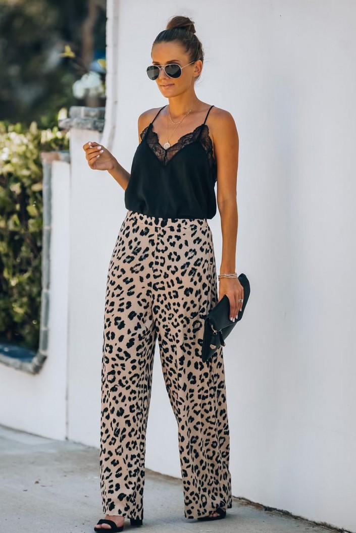Široke hlače z visokim pasom Leopard