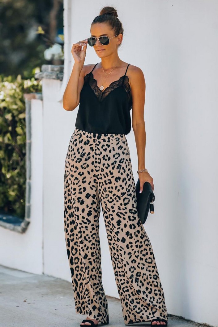 Široke hlače z visokim pasom Leopard