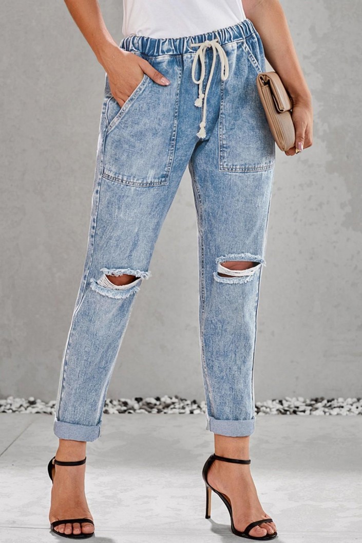 Svetlo moder denim jogger Lucille z žepi