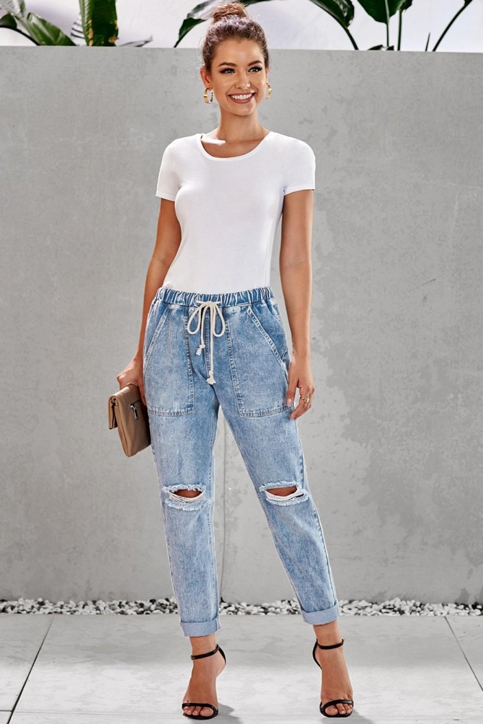 Svetlo moder denim jogger Lucille z žepi
