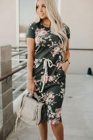 Temno siva priložnostna cvetlična obleka z žepi in s kratkimi rokavi Nony