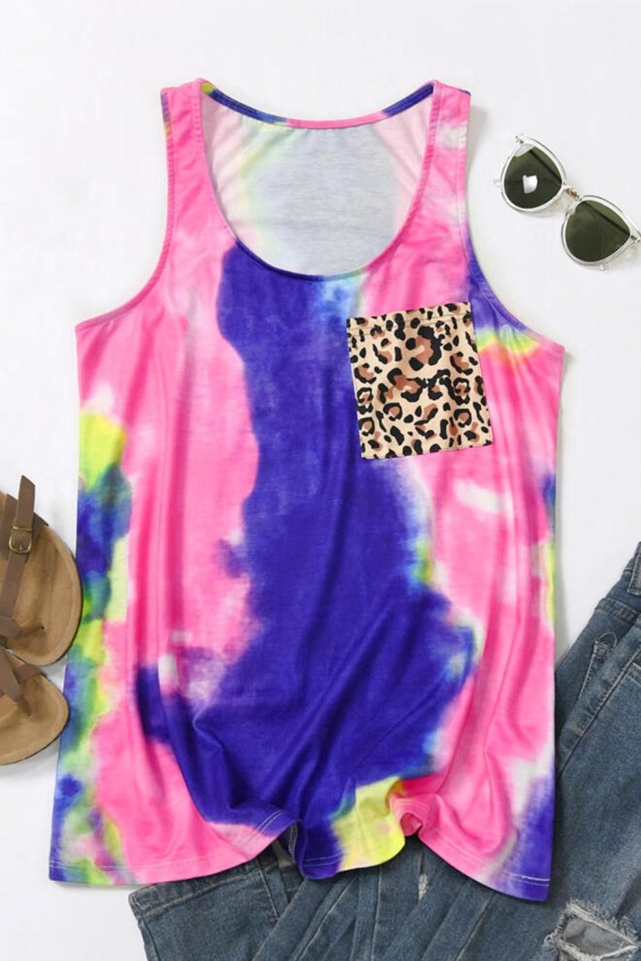 Tie dye majica brez rokavov Jimena z leopardjim žepom