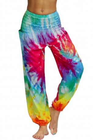 Večbarvne tie dye ohlapne harem hlače Lila