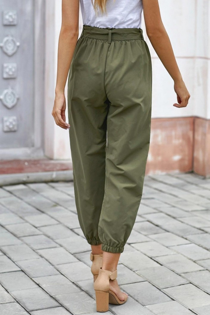 Zelene hlače Emilia z visokim pasom in pentljo