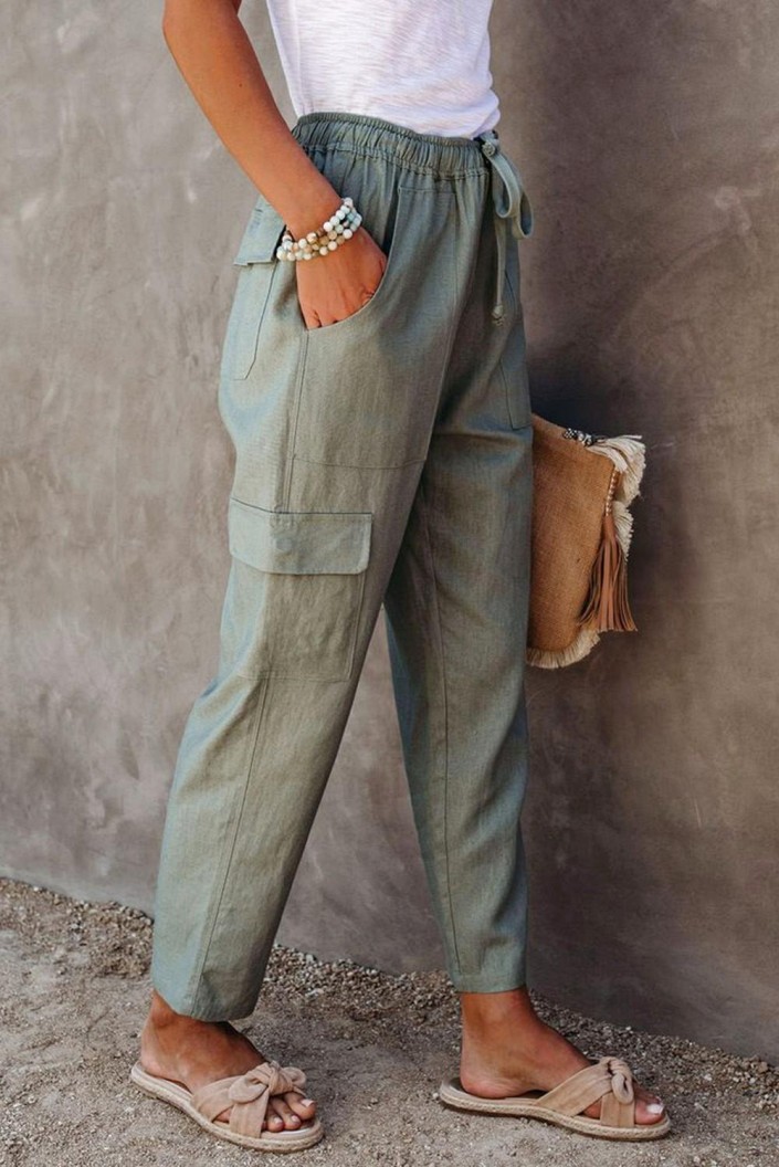 Zelene tovorne hlače Cindy z ravnimi linijami in žepi