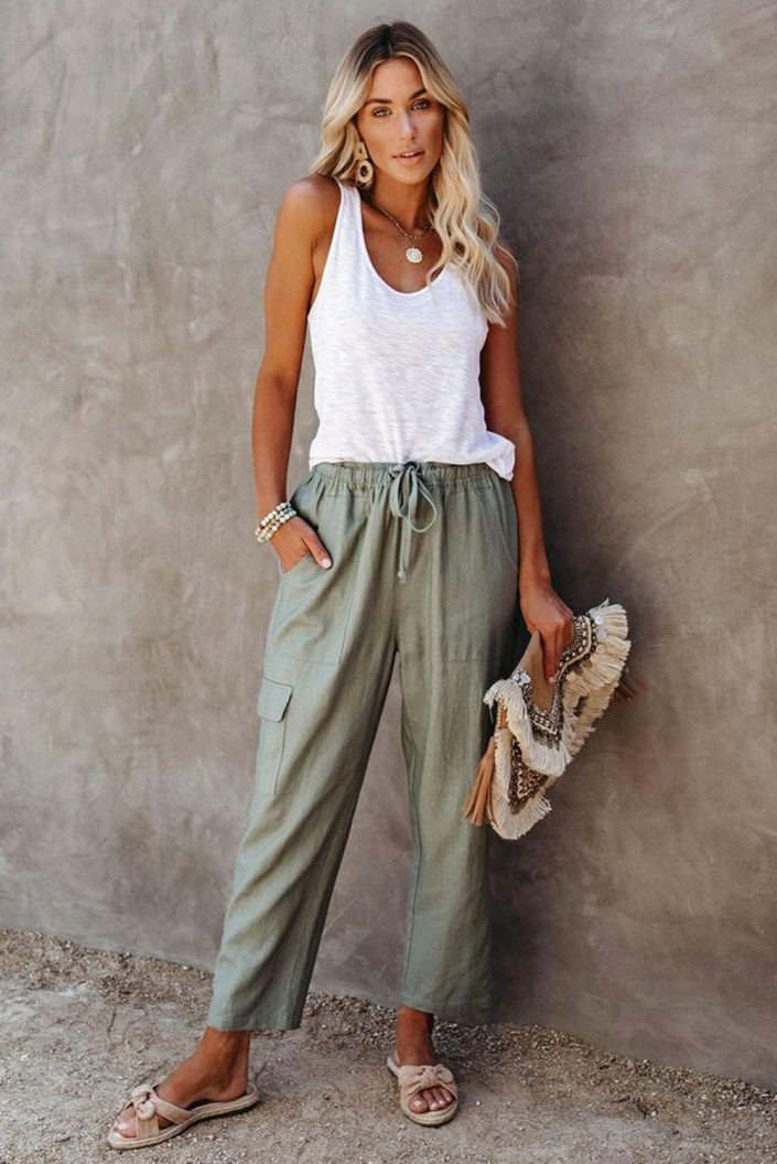 Zelene tovorne hlače Cindy z ravnimi linijami in žepi