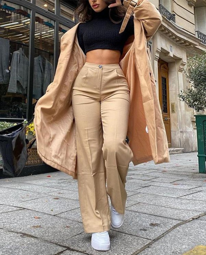 Elegantne khaki široke hlače z visokim pasom Regina