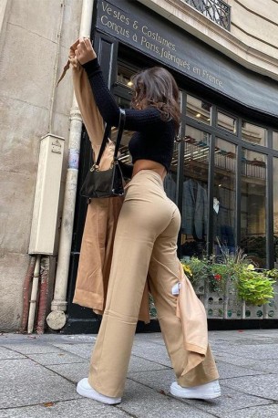 Elegantne khaki široke hlače z visokim pasom Regina