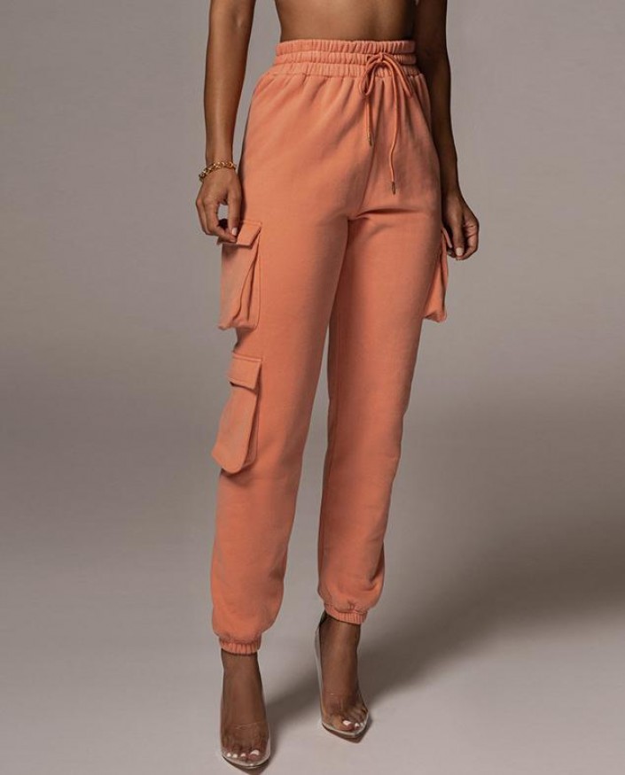 Oranžne  cargo hlače z vezajem in dvojnimi žepi Maja