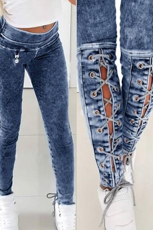 Plave hlače z vezjem in z visokim pasom s stegenskimi vezalkami Laya