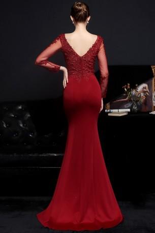 Rdeča svečana čipkasta zgornja večerna obleka z v-izrezom Manna