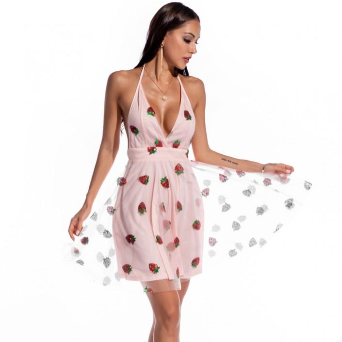 Roza jagodna kratka koktajl obleka Sendy