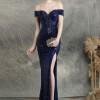 Večerna modra obleka z bleščicami in s spodnjim izrezom Rina